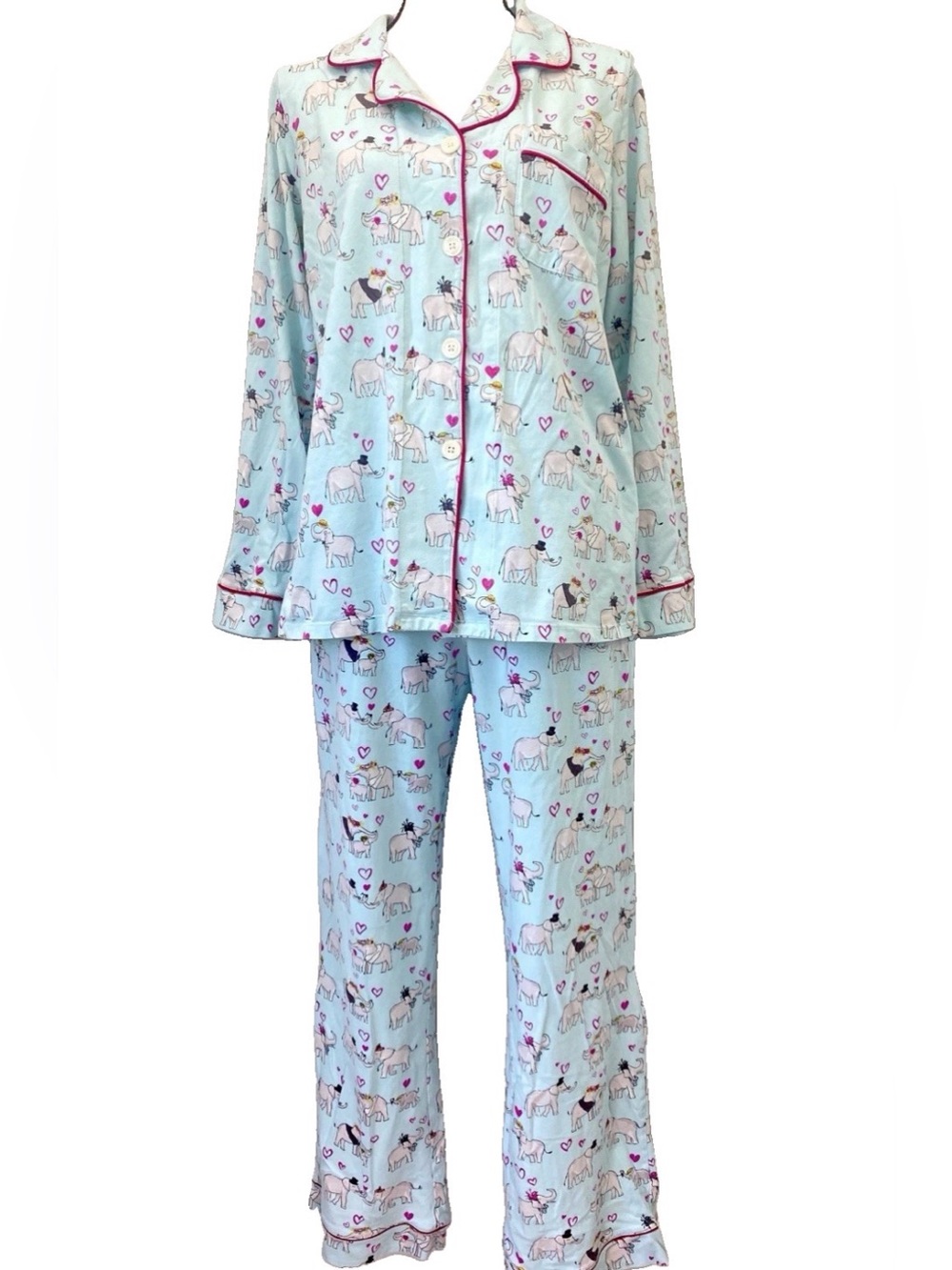 BedHead 2 pc Blue Elephant Heart Print Pajama Set Pink Piping Long Sleeve Medium